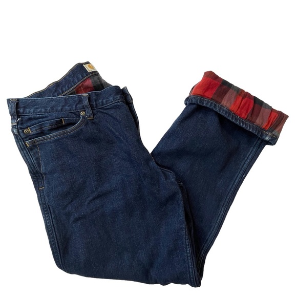 Carhartt Original Straight Fit Red Flannel Lines Jeans Blue Size 16 Short - Picture 3 of 13